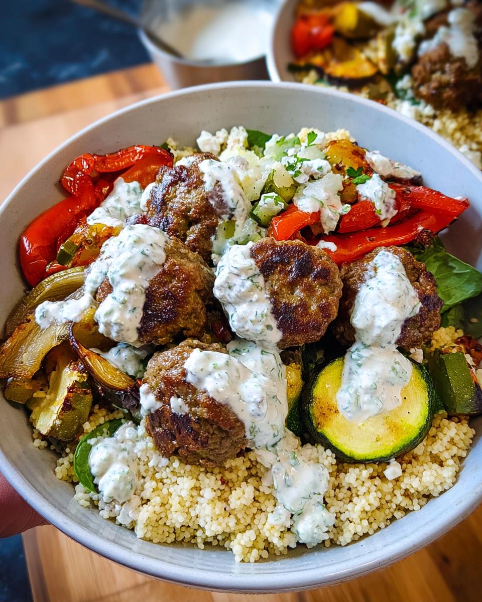 A close-up of a Greek Meatball Bowl Recipe featuring couscous, meatballs, roasted vegetables, and a creamy dill sauce.