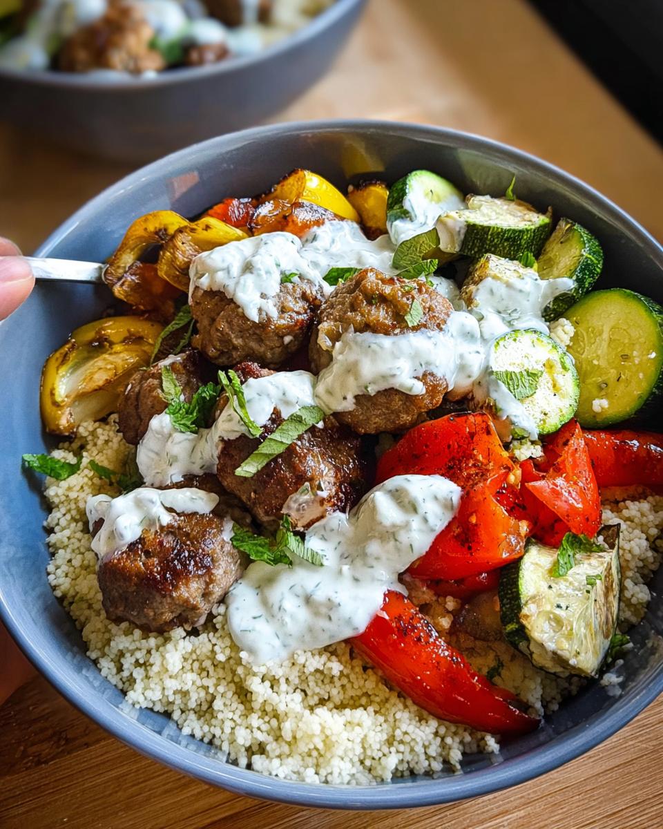 A close-up of a Greek Meatball Bowl with couscous, meatballs, roasted vegetables, and a creamy sauce.
