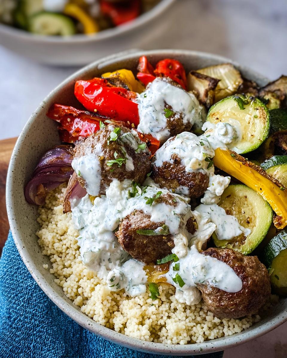 A close-up of a Greek Meatball Bowl featuring couscous, seasoned meatballs, roasted vegetables, and a creamy yogurt sauce.