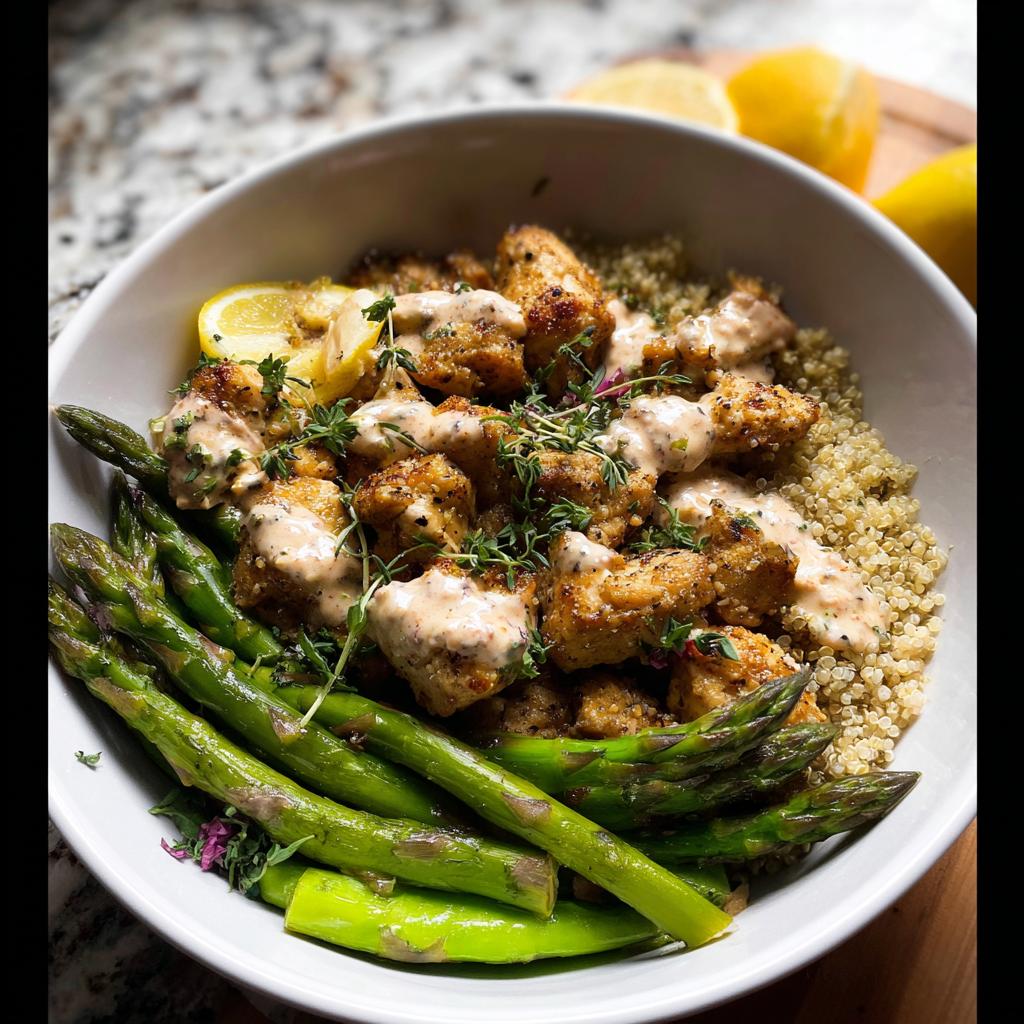 A healthy lemon garlic chicken meal prep bowl filled with quinoa, asparagus, and chicken pieces drizzled with sauce.