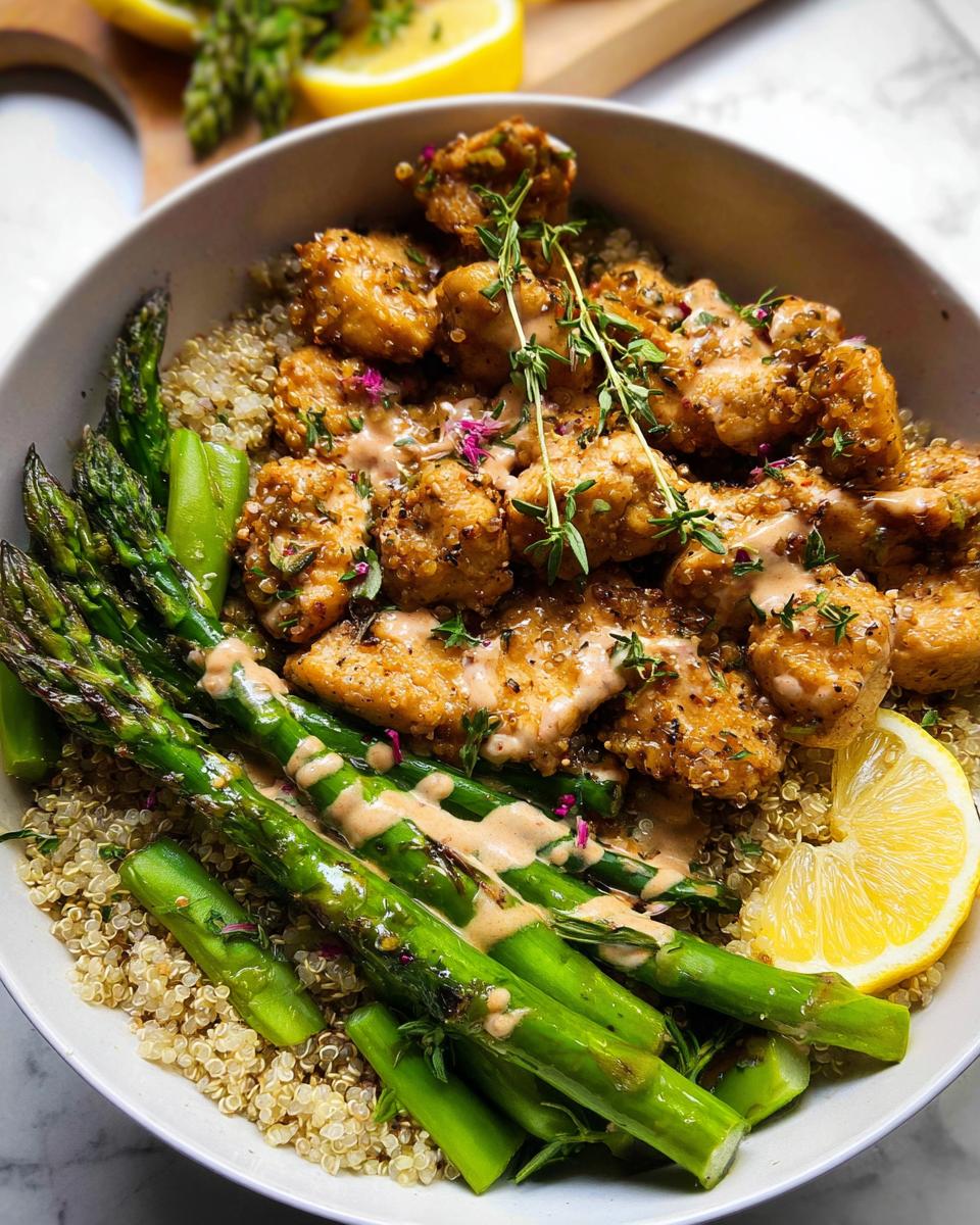A healthy lemon garlic chicken meal prep bowl with quinoa, asparagus, and a creamy sauce.