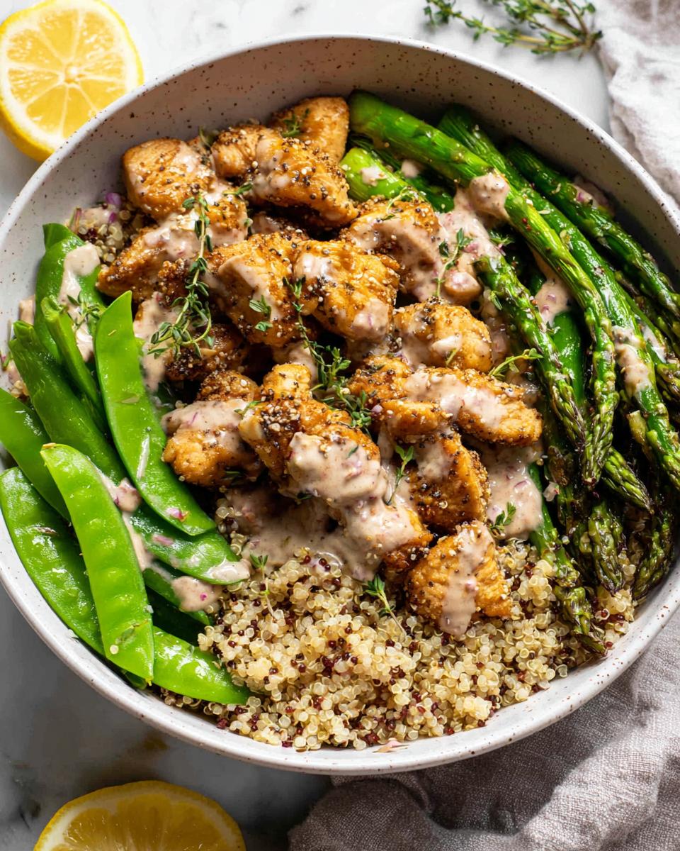 A close-up of a healthy lemon garlic chicken meal prep bowl with quinoa, asparagus, and snap peas.