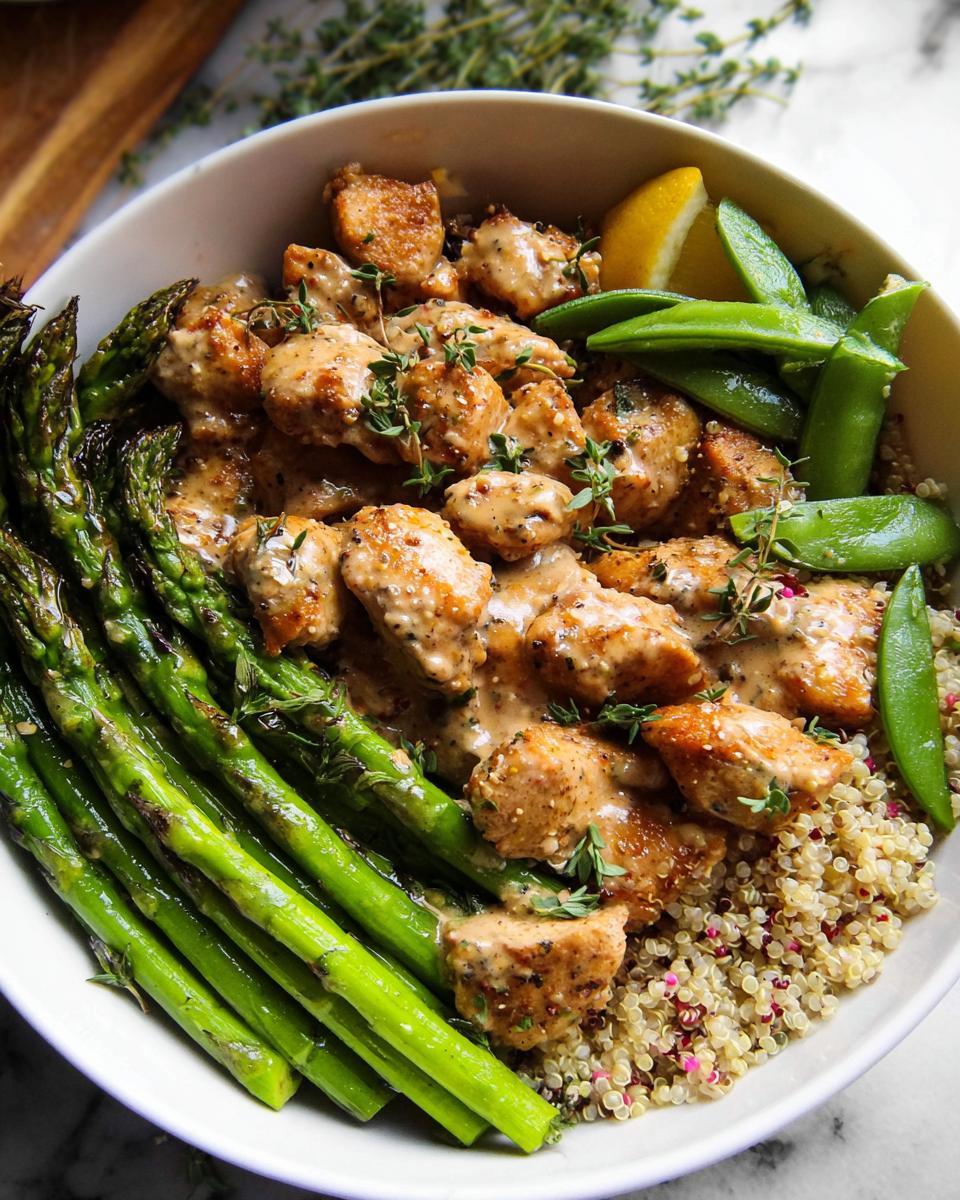 A healthy lemon garlic chicken meal prep bowl with quinoa, asparagus, snap peas, and creamy sauce.