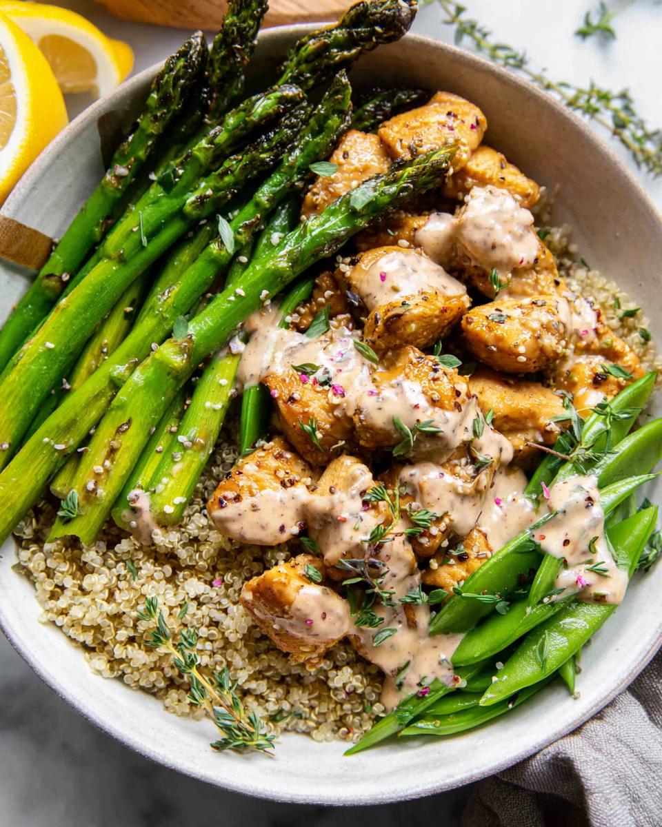 Overhead view of a Healthy Lemon Garlic Chicken Meal Prep Bowl with quinoa, asparagus, snow peas, and chicken pieces drizzled with sauce.
