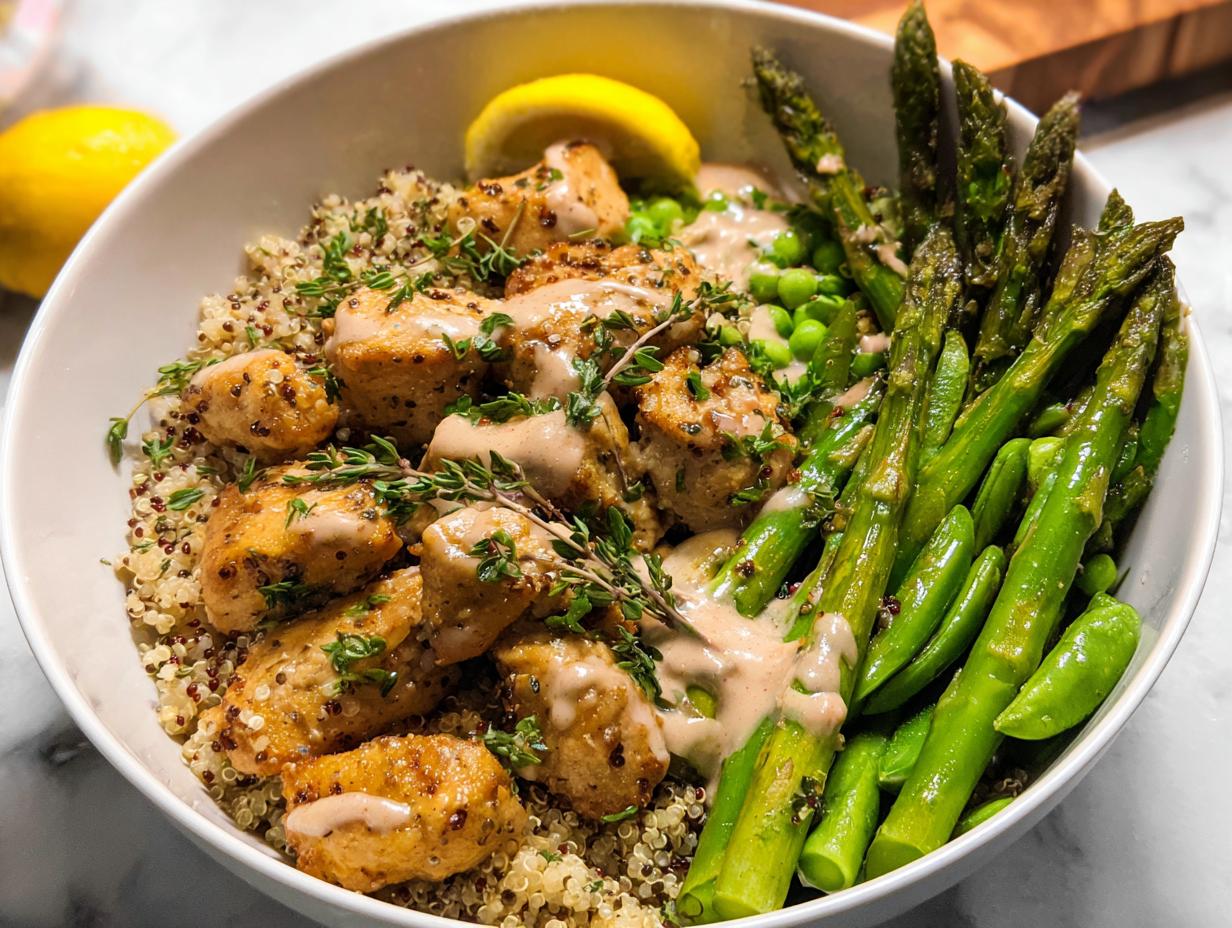 A healthy lemon garlic chicken meal prep bowl with quinoa, asparagus, peas, and a creamy sauce.