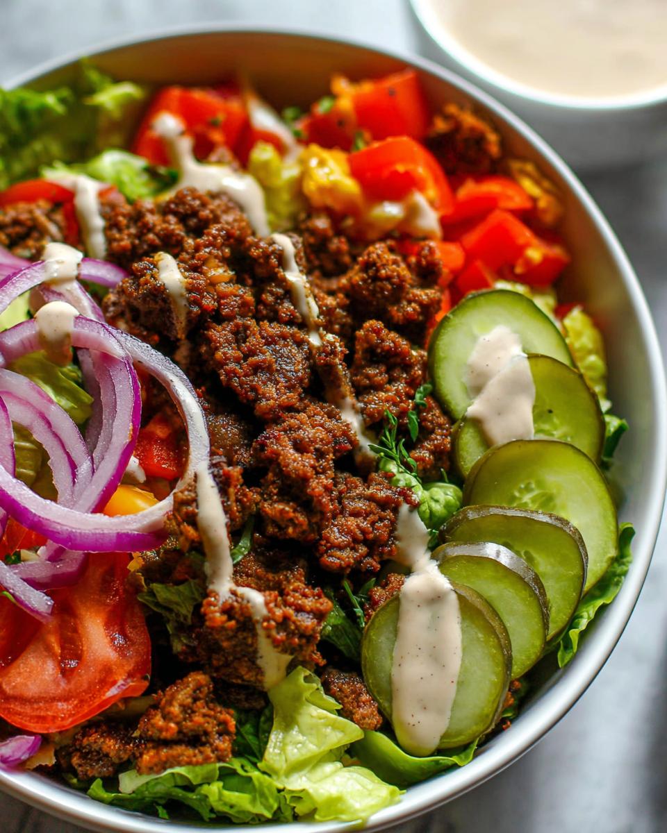 A close-up of a High-Protein Cheeseburger Bowl with seasoned ground beef, lettuce, tomatoes, red onion, pickles, and a creamy dressing.