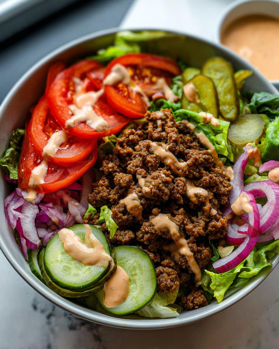 A delicious High-Protein Cheeseburger Bowl with seasoned ground beef, lettuce, tomatoes, pickles, red onion, and a creamy sauce.