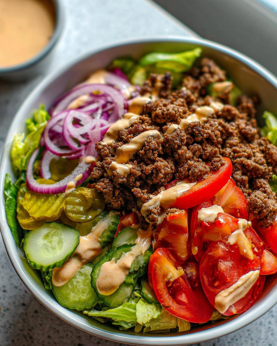 A delicious High-Protein Cheeseburger Bowl with ground beef, lettuce, tomatoes, pickles, onions, and a creamy dressing.