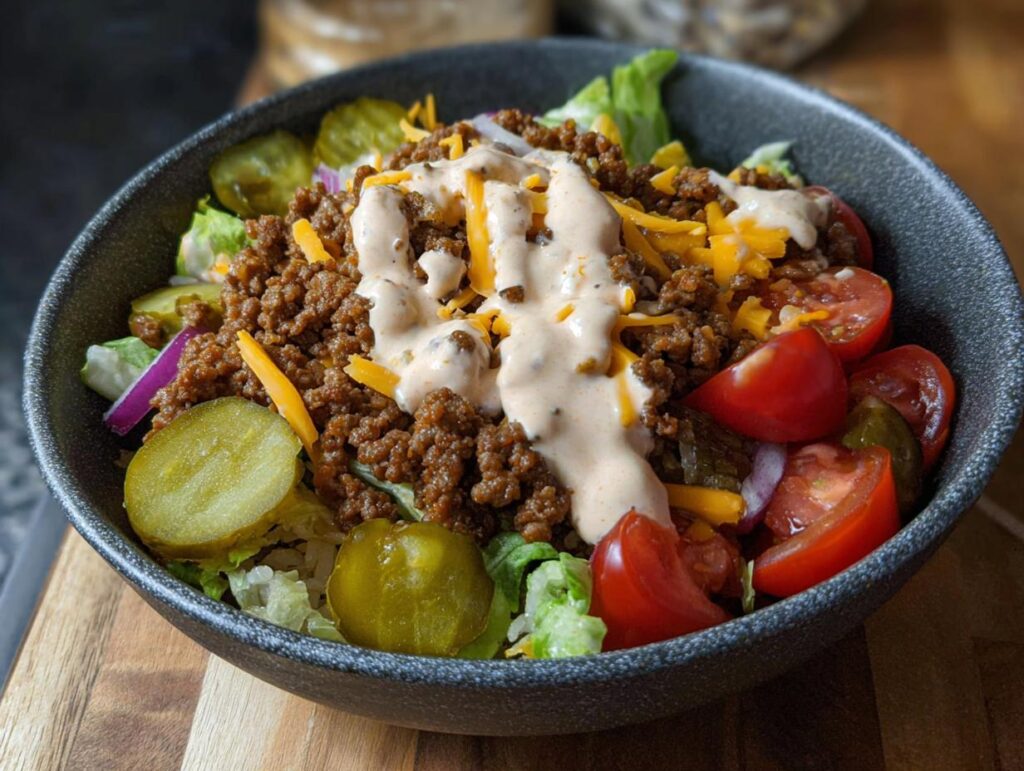 A delicious High-Protein Cheeseburger Bowl filled with seasoned ground beef, shredded cheese, lettuce, tomatoes, pickles, and a creamy sauce.