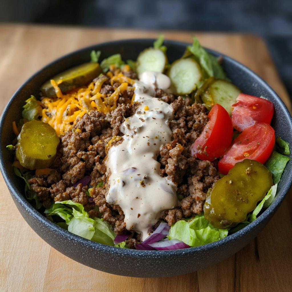 A delicious High-Protein Cheeseburger Bowl filled with seasoned ground beef, shredded cheese, lettuce, pickles, tomatoes, and a creamy sauce.