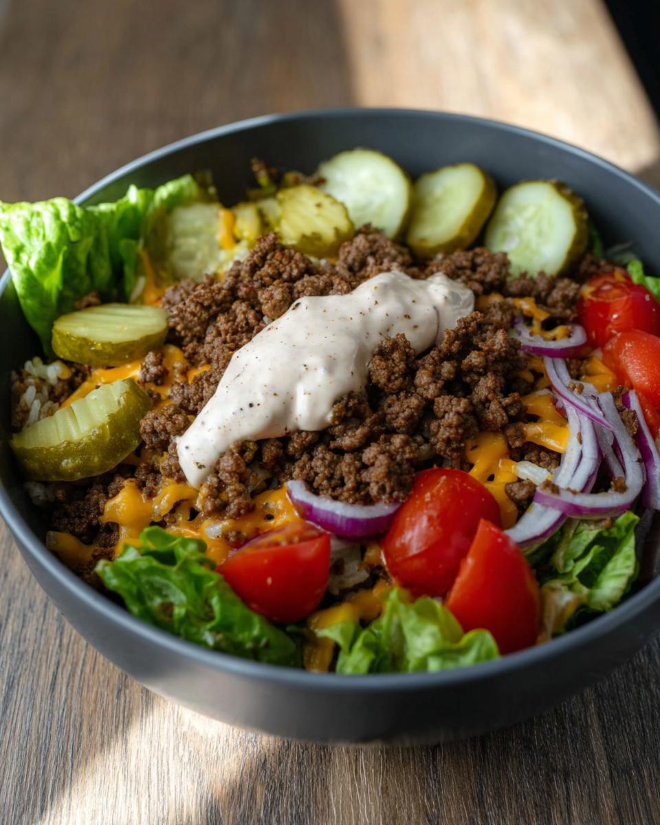 A delicious High-Protein Cheeseburger Bowl filled with seasoned ground beef, melted cheese, lettuce, tomatoes, pickles, and onions, topped with a creamy sauce.