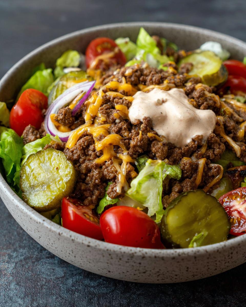 A delicious High-Protein Cheeseburger Bowl featuring ground beef, lettuce, tomatoes, pickles, onion, cheese, and sauce.