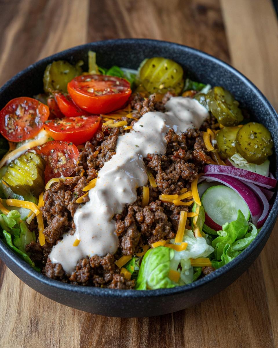 A close-up of a High-Protein Cheeseburger Bowl filled with seasoned ground beef, lettuce, tomatoes, pickles, cheese, and dressing.