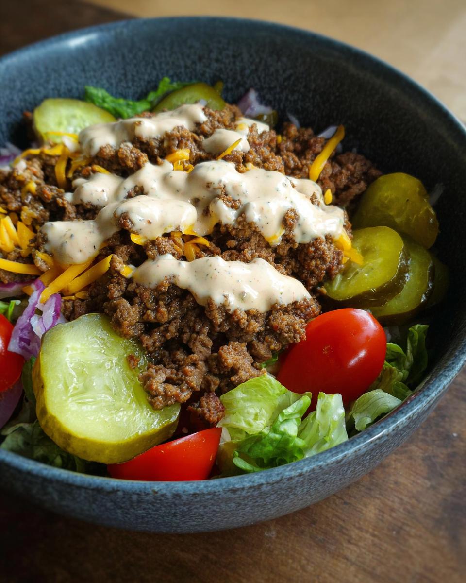 A delicious bowl filled with ground beef, shredded cheese, pickles, tomatoes, lettuce, and a creamy sauce, representing the High-Protein Cheeseburger Bowls Recipe.