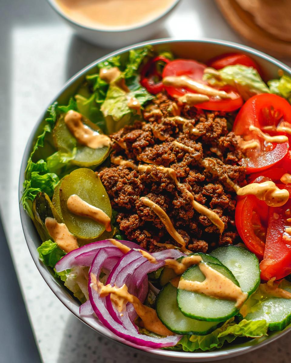 A close-up of a High-Protein Cheeseburger Bowl with seasoned ground beef, lettuce, tomatoes, pickles, red onion, and cucumber, drizzled with sauce.