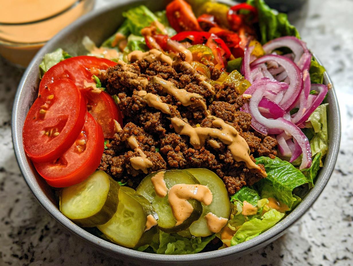 A delicious High-Protein Cheeseburger Bowl filled with seasoned ground beef, lettuce, tomatoes, pickles, and red onion, drizzled with sauce.