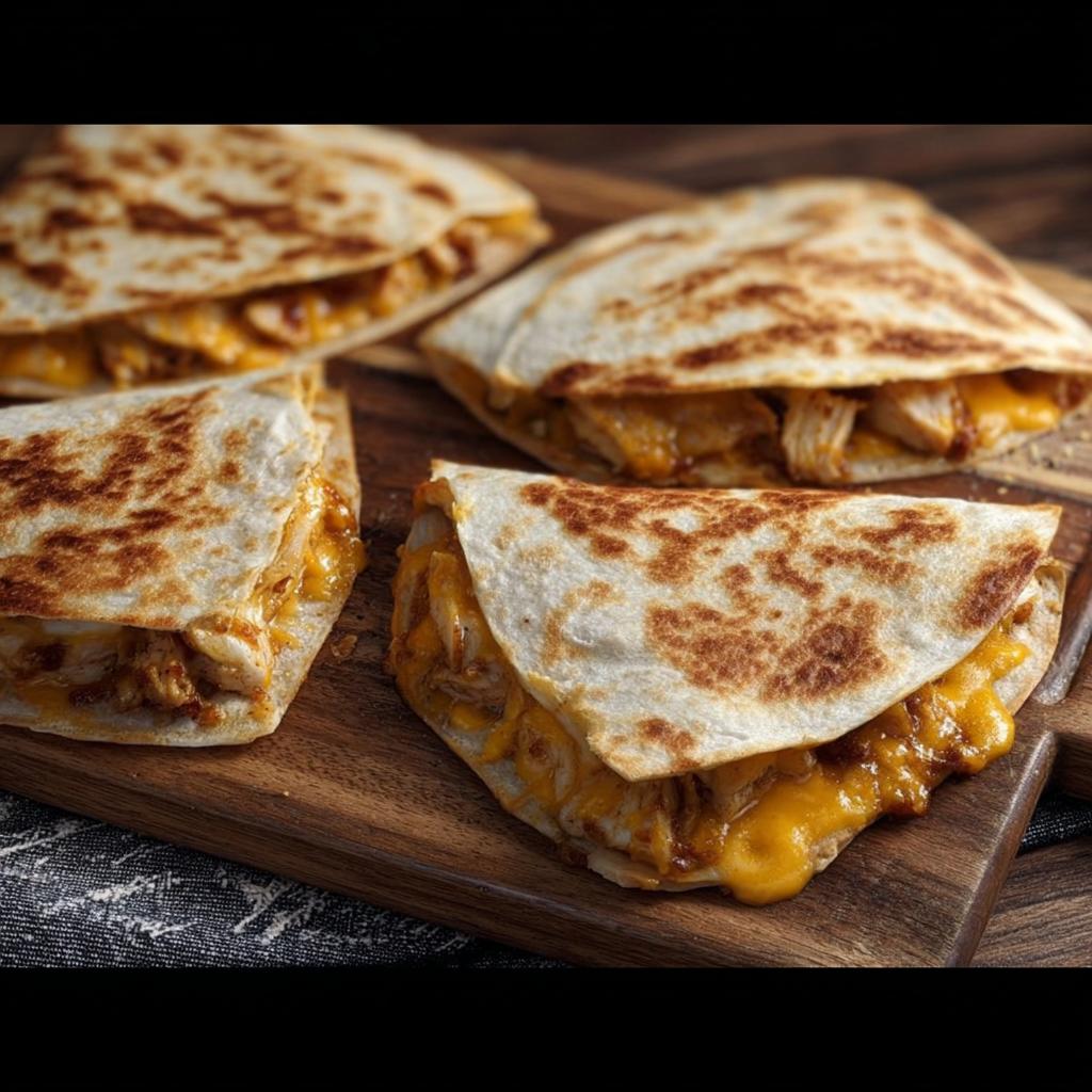 Close-up of a High-Protein Chicken Ranch Quesadilla, showing melted cheese and shredded chicken inside a golden-brown tortilla.