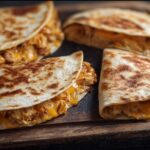 Close-up of a High-Protein Chicken Ranch Quesadilla, cut in half, showing shredded chicken and melted cheese.