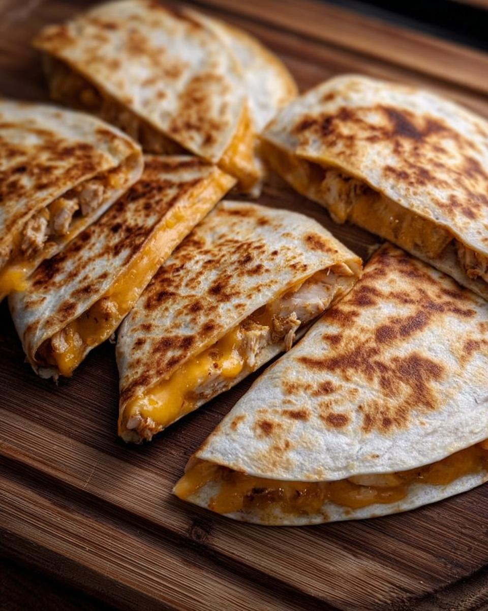 Golden brown slices of High-Protein Chicken Ranch Quesadilla filled with shredded chicken and melted cheese.