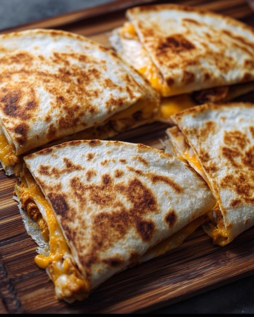 Golden-brown slices of High-Protein Chicken Ranch Quesadilla filled with melted cheese and chicken.