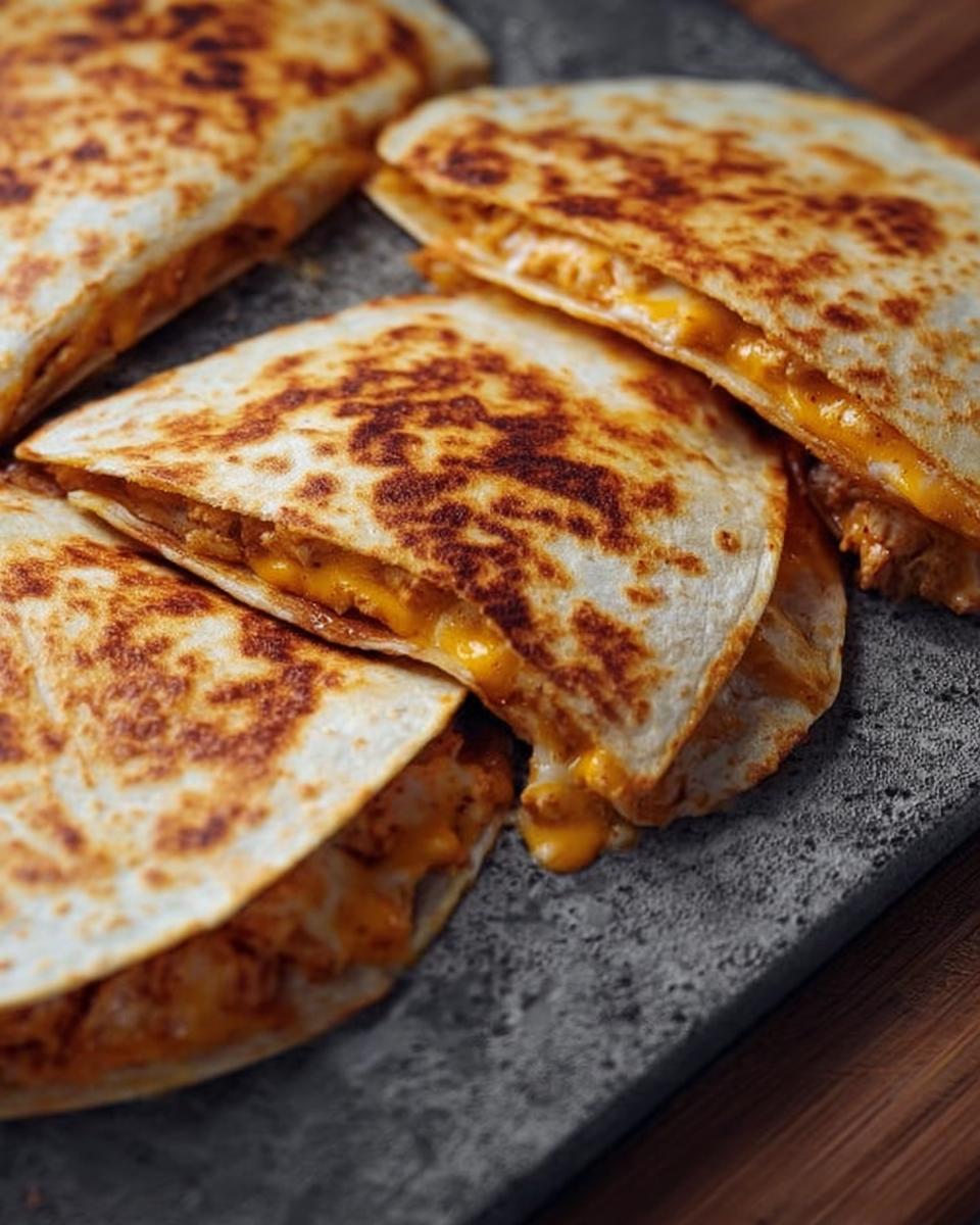 Close-up of golden-brown quesadilla slices filled with chicken and melted cheese, a High-Protein Chicken Ranch Quesadilla.