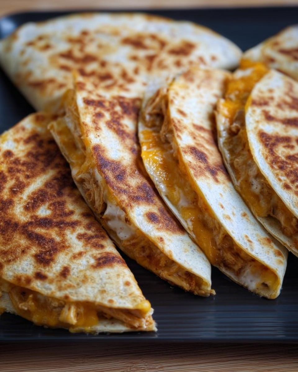 Golden brown slices of High-Protein Chicken Ranch Quesadilla filled with melted cheese and chicken.
