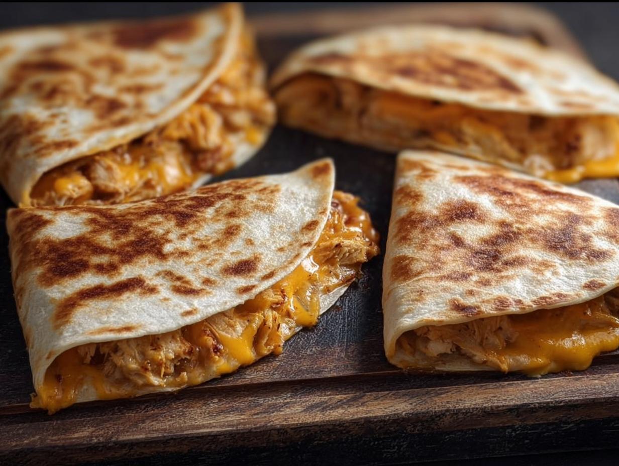 Close-up of a High-Protein Chicken Ranch Quesadilla, cut in half, showing shredded chicken and melted cheese.