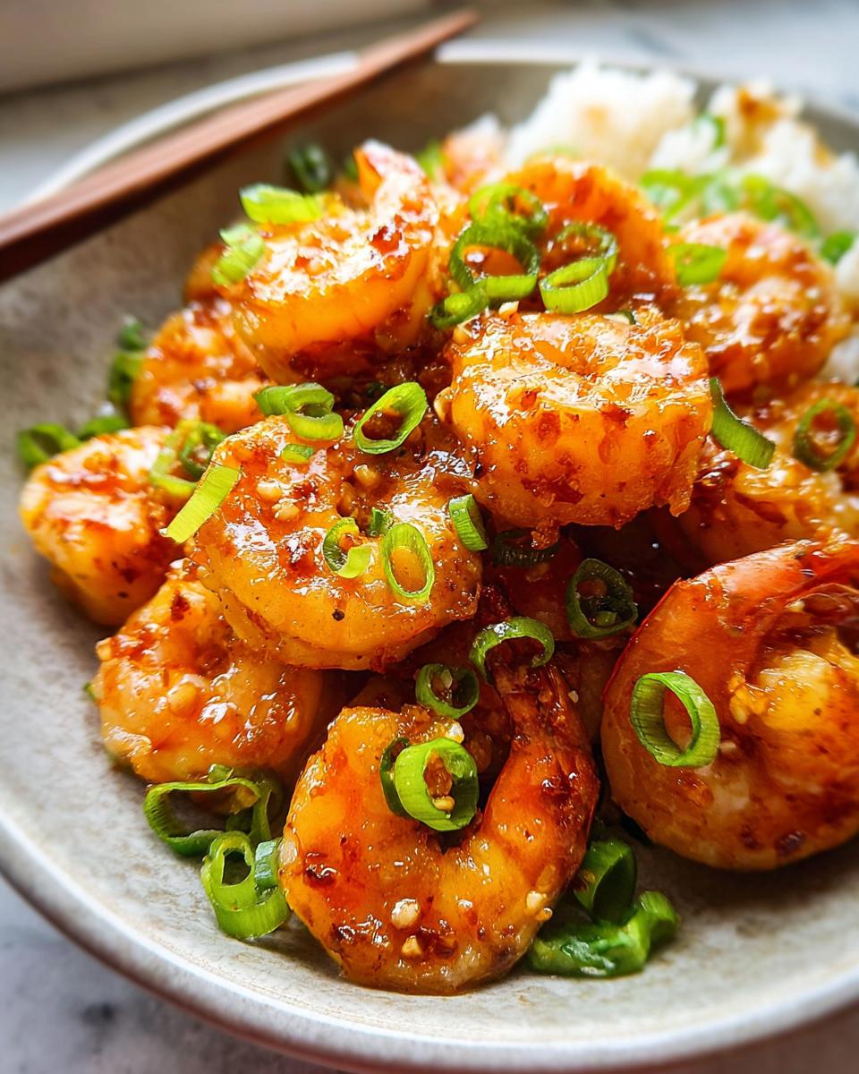 Close-up of glistening High-Protein Honey Garlic Shrimp served over white rice and garnished with chopped green onions.