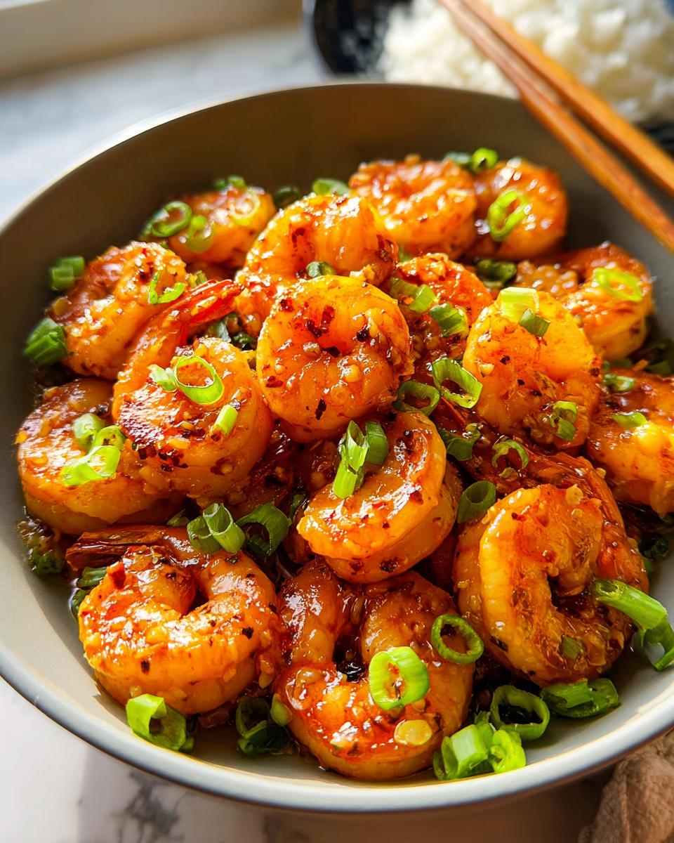 A close-up shot of a bowl filled with glistening High-Protein Honey Garlic Shrimp, garnished with chopped green onions.