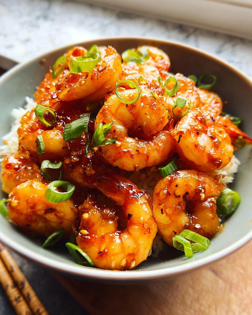 A bowl of fluffy white rice topped with glistening High-Protein Honey Garlic Shrimp and chopped green onions.