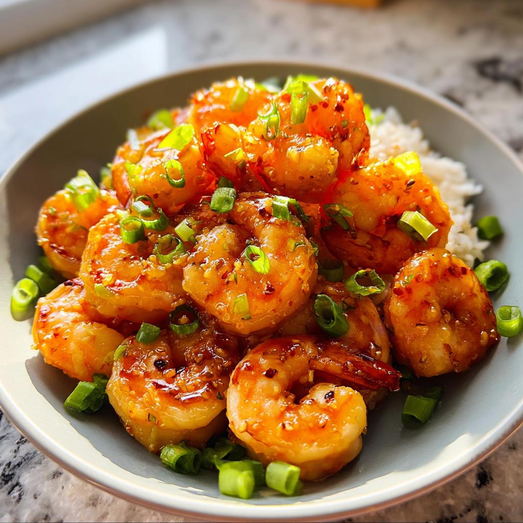 A close-up of a bowl filled with fluffy white rice and topped with glistening High-Protein Honey Garlic Shrimp, garnished with chopped green onions.