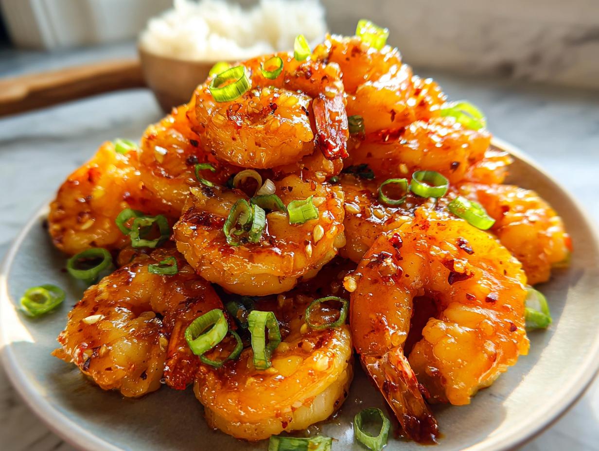 A close-up of a plate piled high with glistening High-Protein Honey Garlic Shrimp, garnished with chopped scallions and sesame seeds.