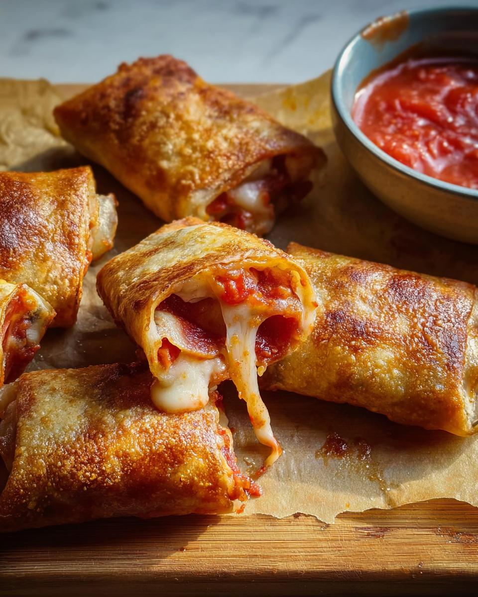 Golden brown HIGH PROTEIN Pepperoni Pizza Rolls with gooey melted cheese spilling out, served with marinara sauce.