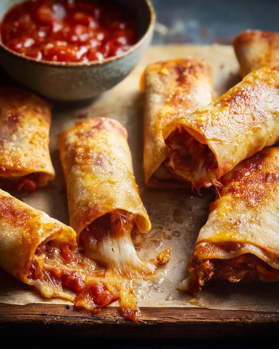 Close-up of golden-brown HIGH PROTEIN Pepperoni Pizza Rolls with gooey melted cheese spilling out.