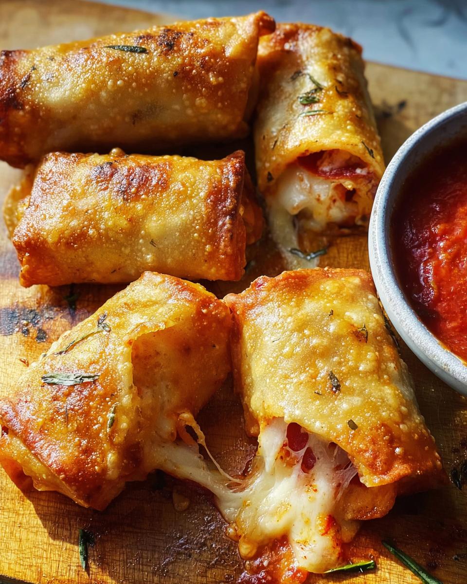 Golden brown HIGH PROTEIN Pepperoni Pizza Rolls with melted cheese oozing out, served with marinara sauce.