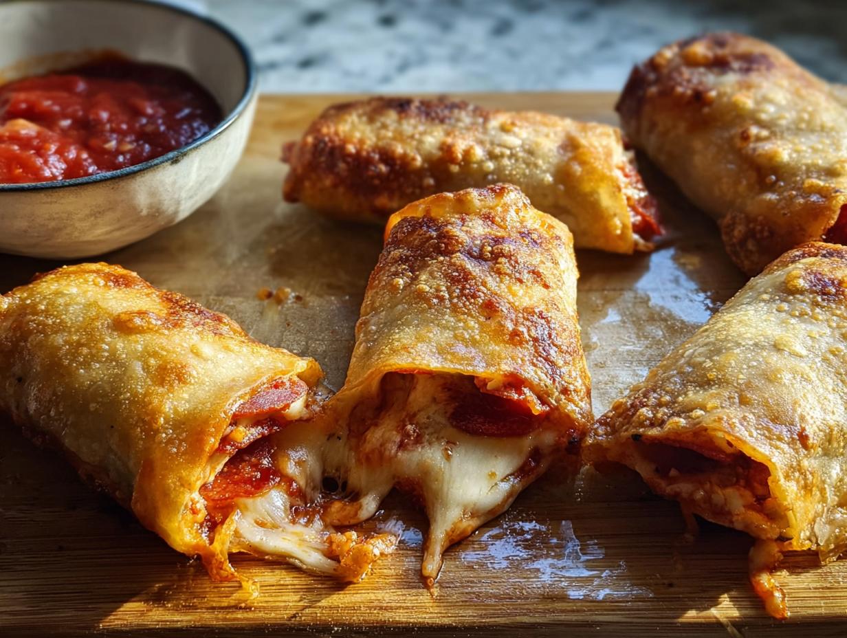 Golden brown HIGH PROTEIN Pepperoni Pizza Rolls with gooey melted cheese spilling out, served with a side of marinara sauce.