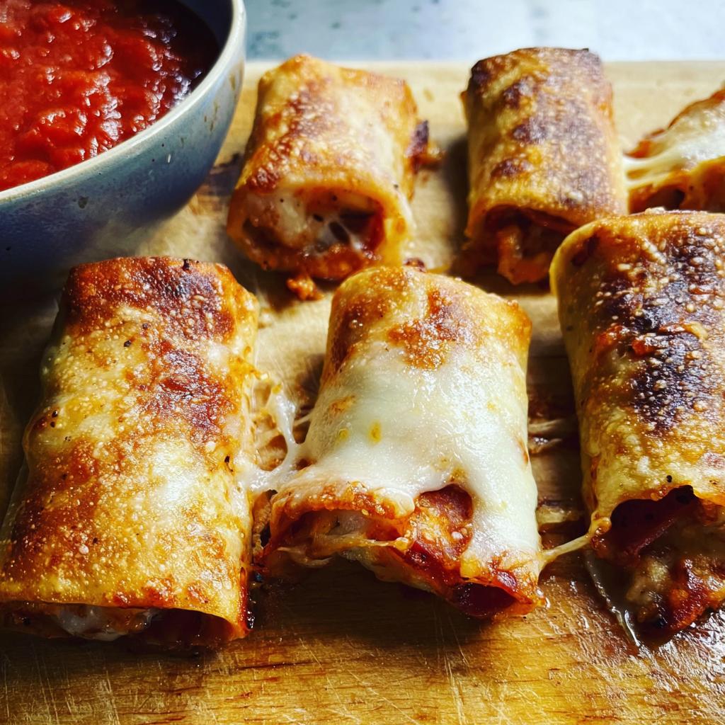 Golden brown HIGH PROTEIN Pepperoni Pizza Rolls with melted cheese, served with a bowl of marinara sauce.
