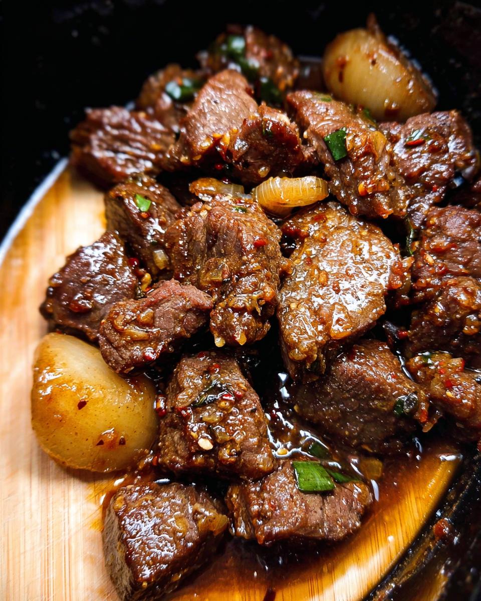 Close-up of tender High Protein Slow Cooker Garlic Butter Beef Bites in a rich sauce with onions and green onions.