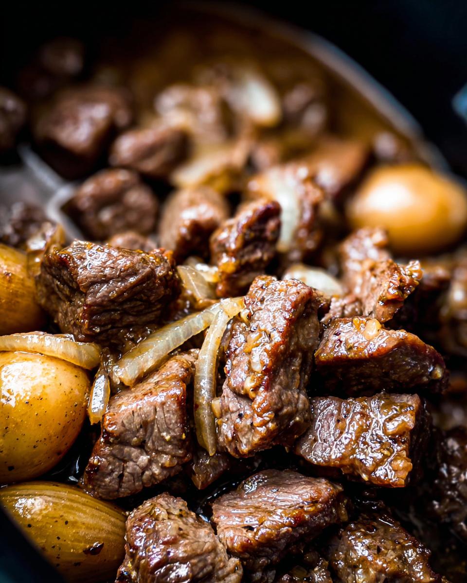 Close-up of tender High Protein Slow Cooker Garlic Butter Beef Bites with onions.