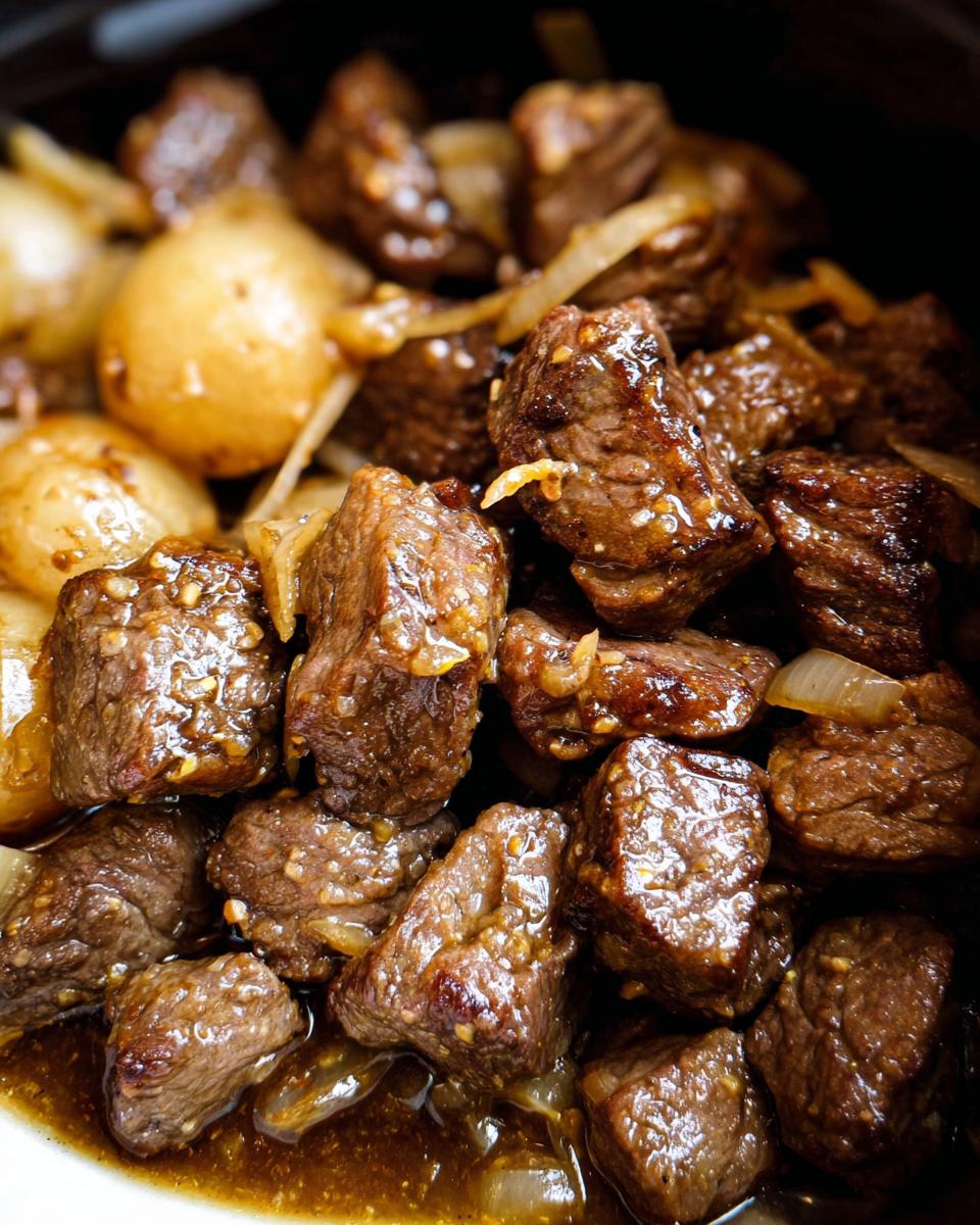 Close-up of tender, juicy High Protein Slow Cooker Garlic Butter Beef Bites with onions in a rich sauce.