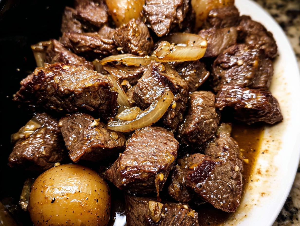 Close-up of tender High Protein Slow Cooker Garlic Butter Beef Bites with onions and potatoes in a savory sauce.