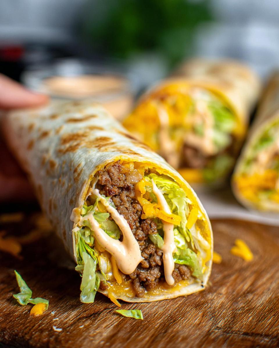 Close-up of a Homemade Big Mac Wrap filled with seasoned ground beef, shredded lettuce, cheese, and special sauce.