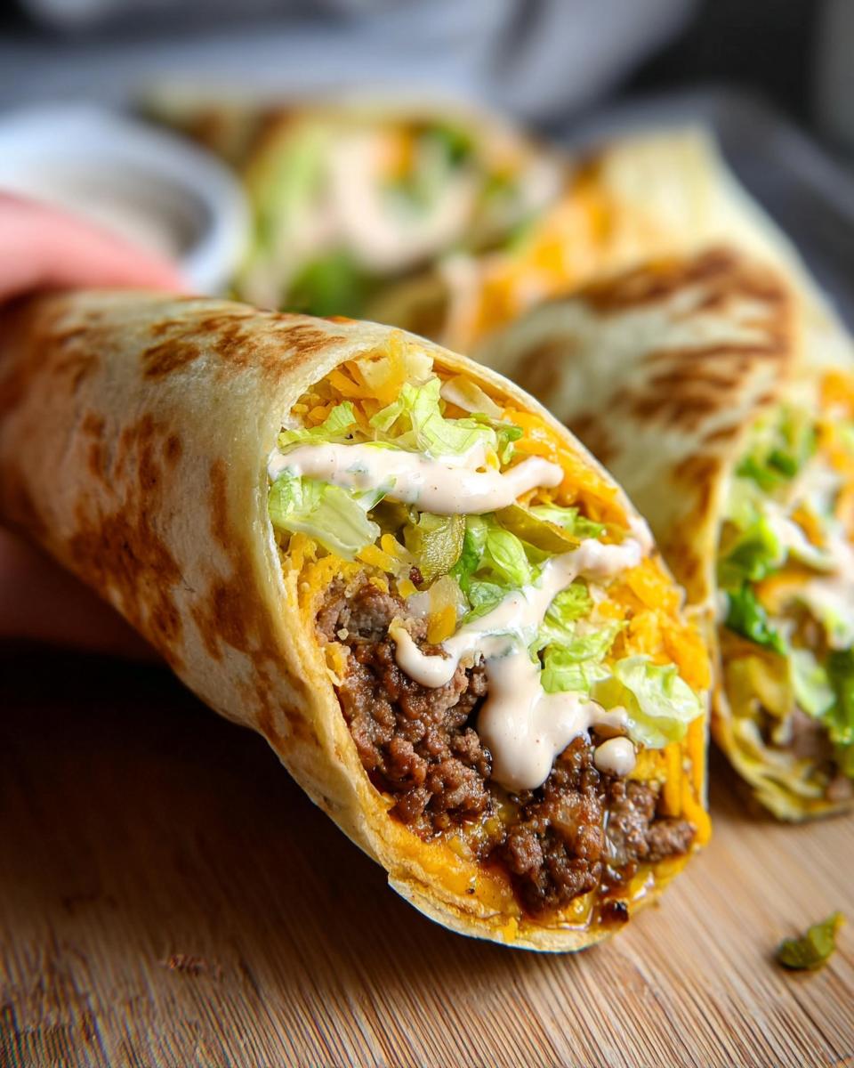 Close-up of a Homemade Big Mac Wrap cut in half, showing seasoned ground beef, shredded cheese, lettuce, pickles, and sauce.
