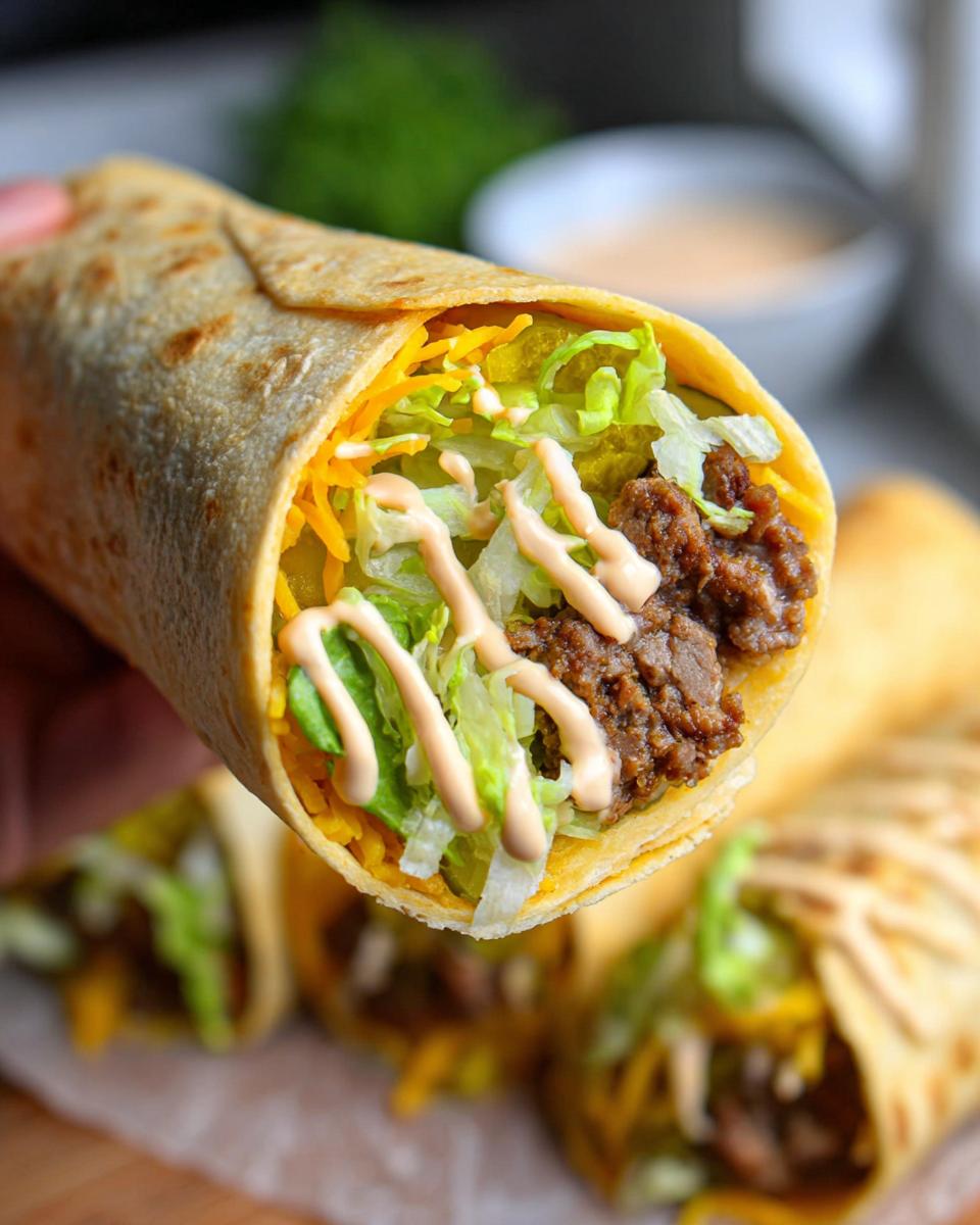 A close-up of a Homemade Big Mac Wrap, filled with seasoned ground beef, shredded lettuce, pickles, cheese, and a drizzle of special sauce.