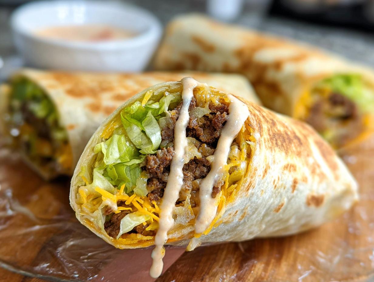 Close-up of a Homemade Big Mac Wrap cut in half, showing seasoned ground beef, shredded lettuce, cheese, and special sauce.