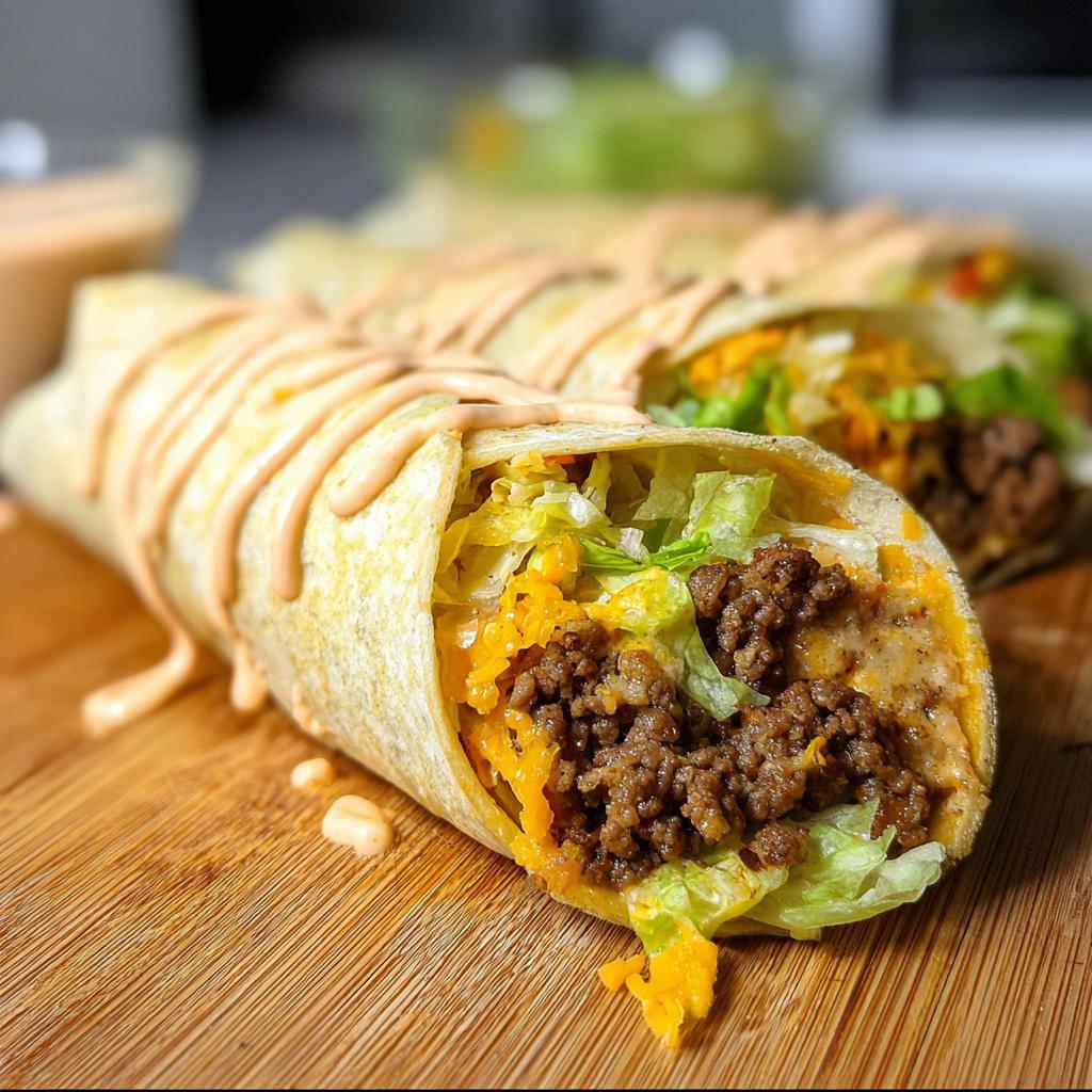 Close-up of delicious Homemade Big Mac Wraps filled with seasoned ground beef, shredded lettuce, and cheese, drizzled with sauce.