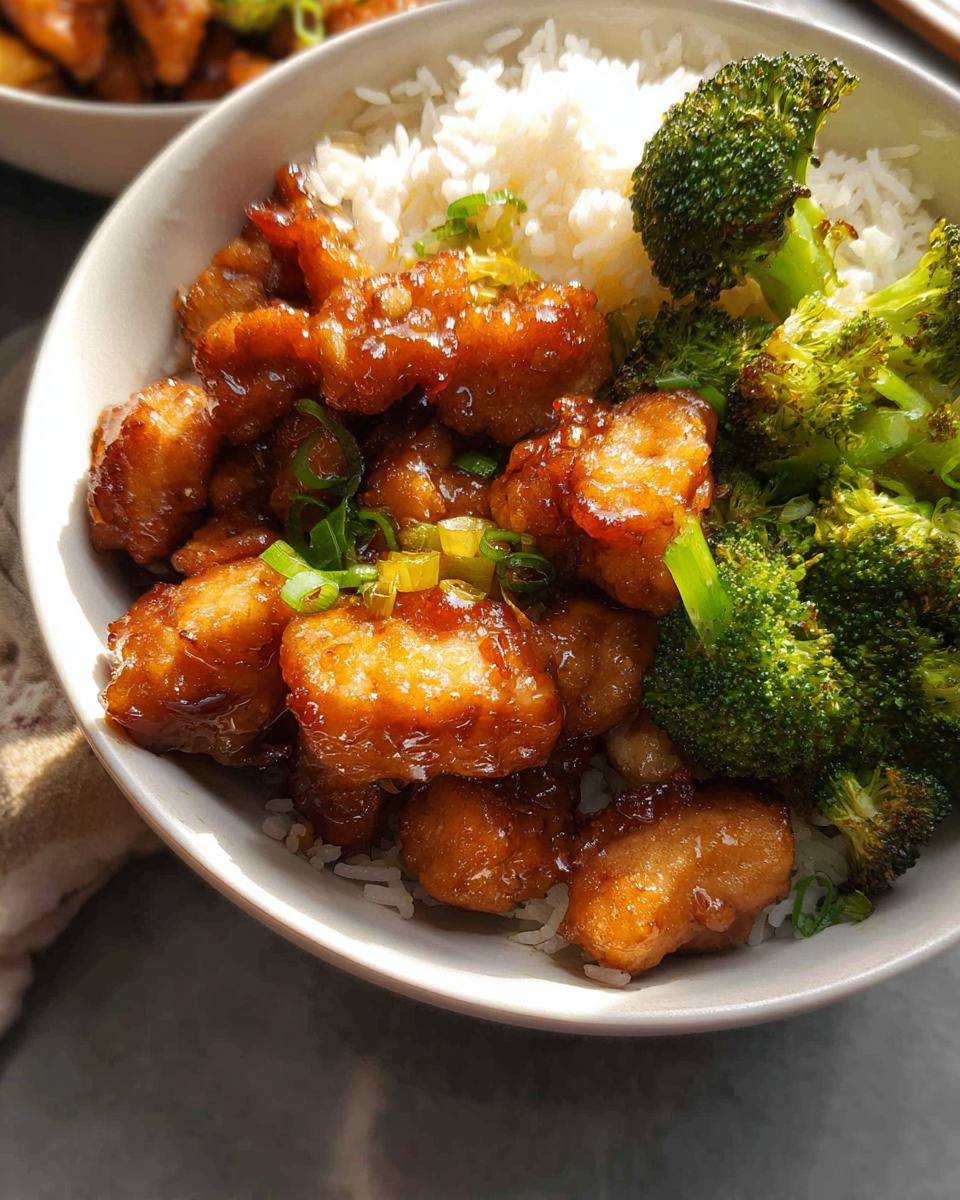 A close-up of a Honey Garlic Pork Rice Bowl with tender pork pieces, fluffy white rice, and steamed broccoli florets.