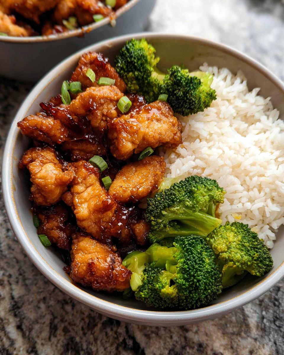 Close-up of a Honey Garlic Pork Rice Bowl featuring glazed pork pieces and steamed broccoli florets next to fluffy white rice.