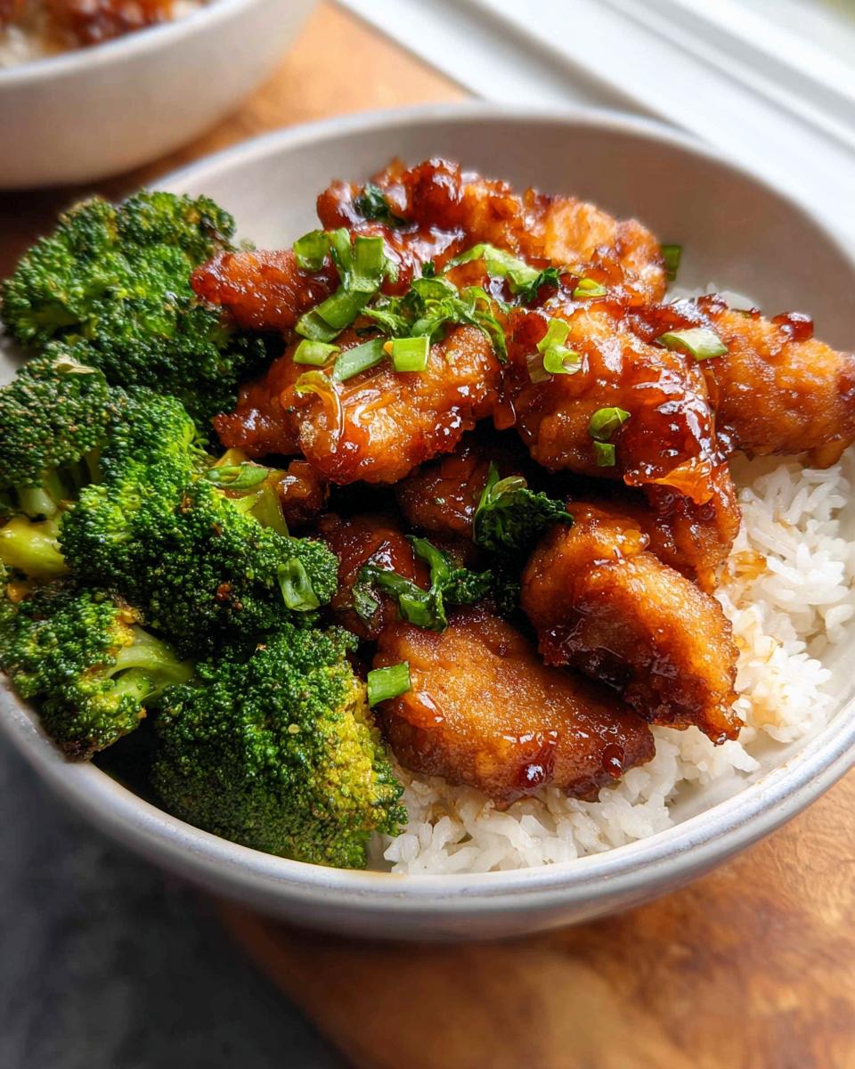 A close-up of a Honey Garlic Pork Rice Bowl featuring glazed pork pieces, steamed rice, and vibrant broccoli florets, garnished with green onions.