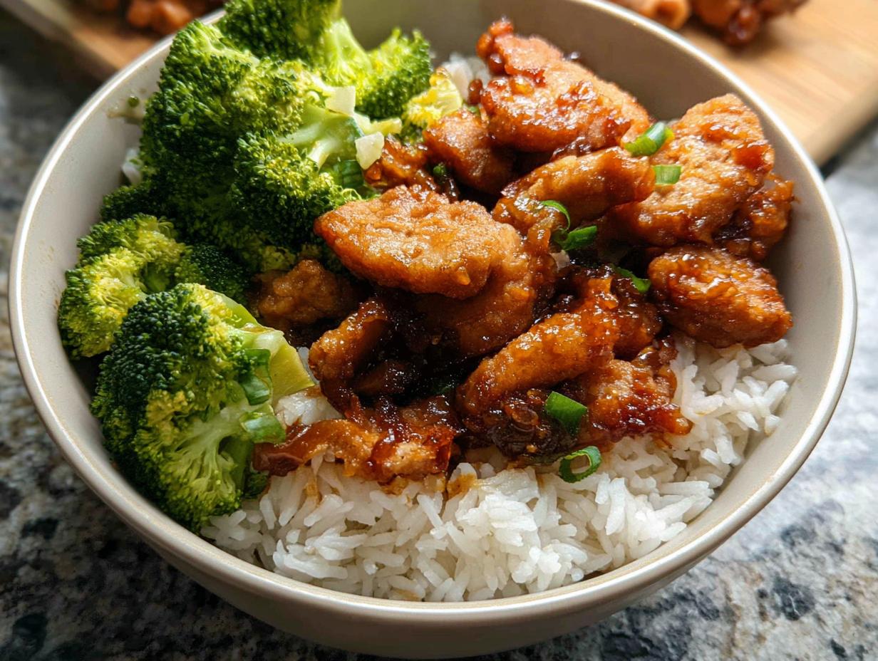 A delicious Honey Garlic Pork Rice Bowl featuring tender pork pieces, fluffy white rice, and steamed broccoli florets, garnished with green onions.